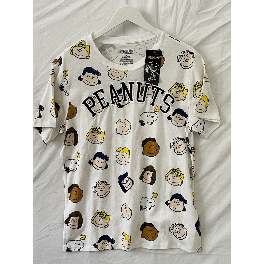 Peanuts Men's M White Snoopy Woodstock Graphic Print Crew Neck Short Sleeve Tee